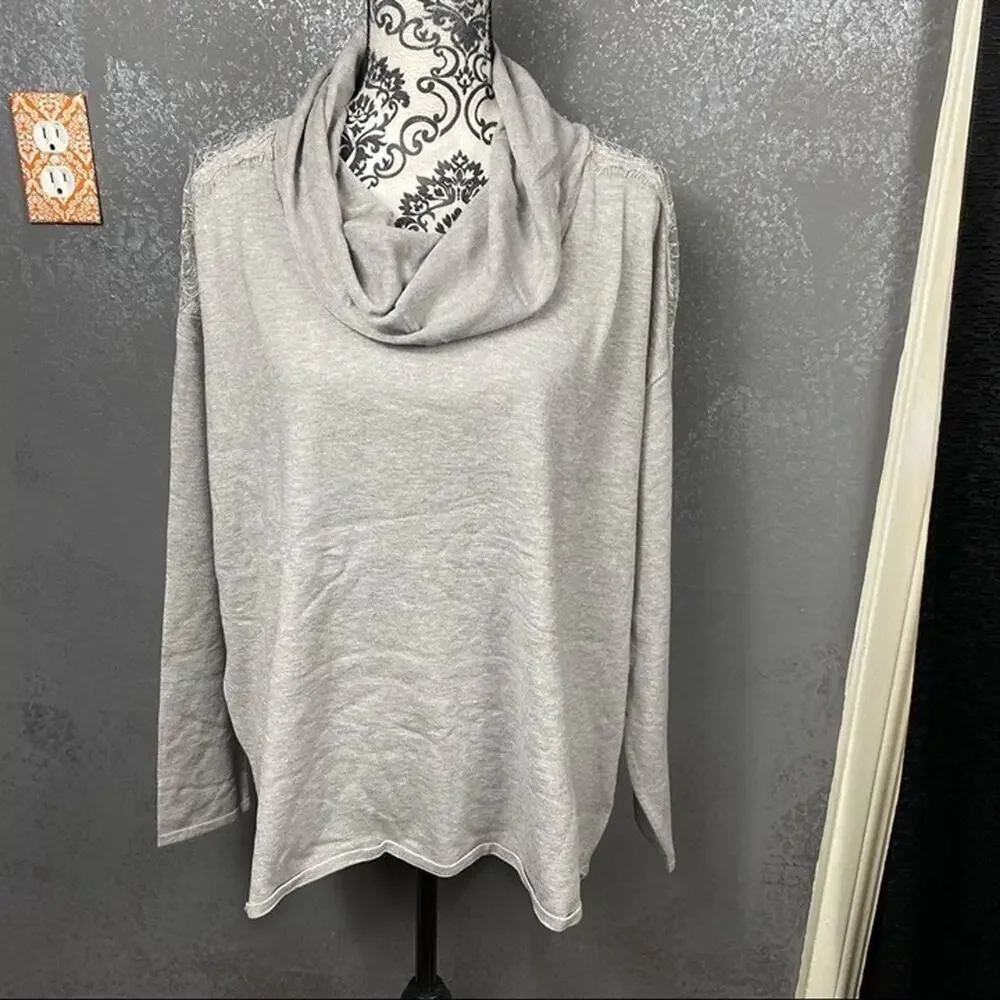 H Halston Light Heather Gray Cowl Neck Lace Shoulder Sweater, Size Large, NWT